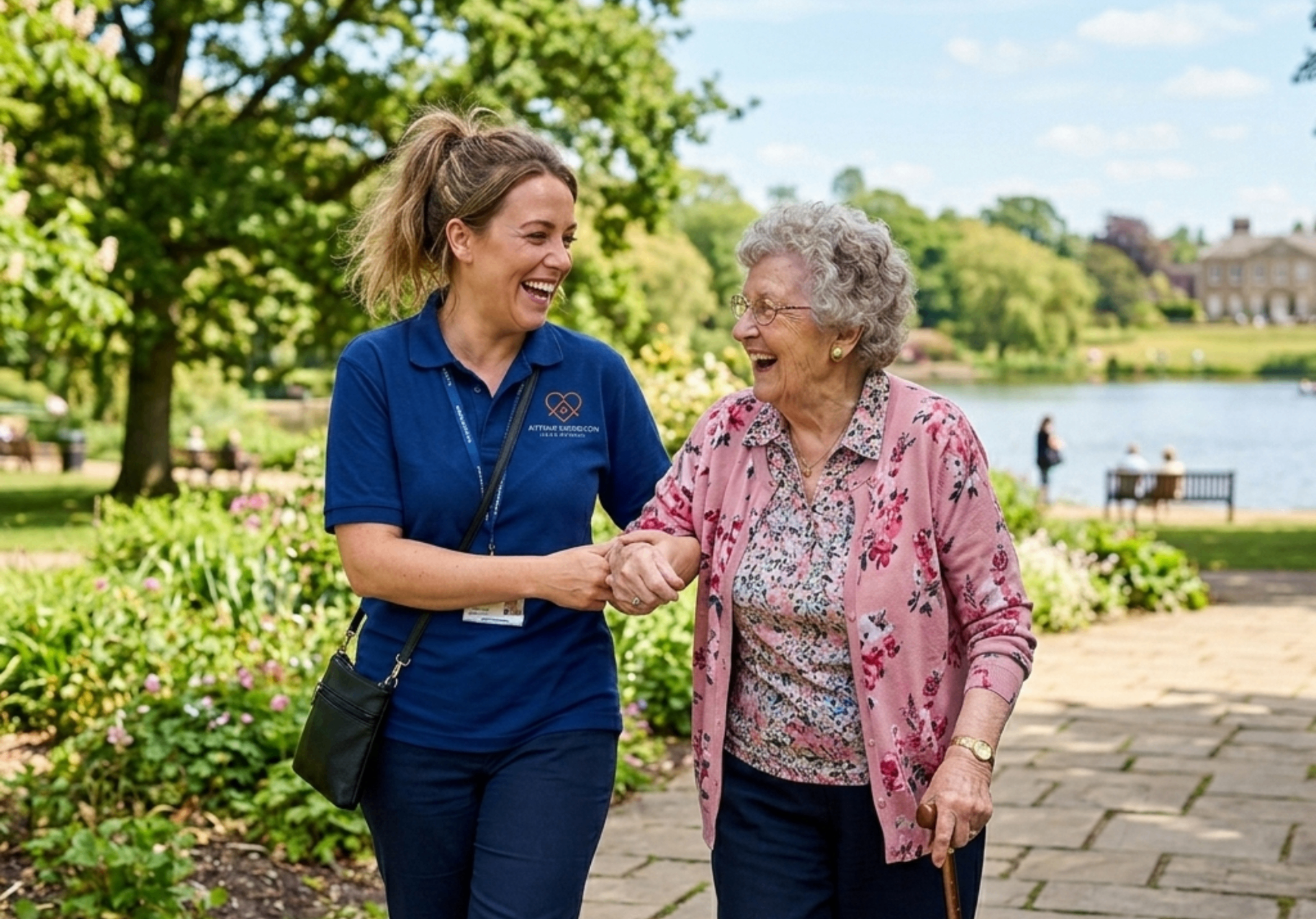Arthur Morrison Care Services carer enjoying rewarding work supporting elderly client in East London park