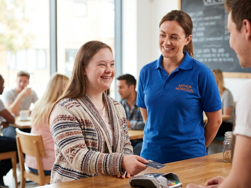 Arthur Morrison Care Services support worker helping young woman with learning disability at a cafe