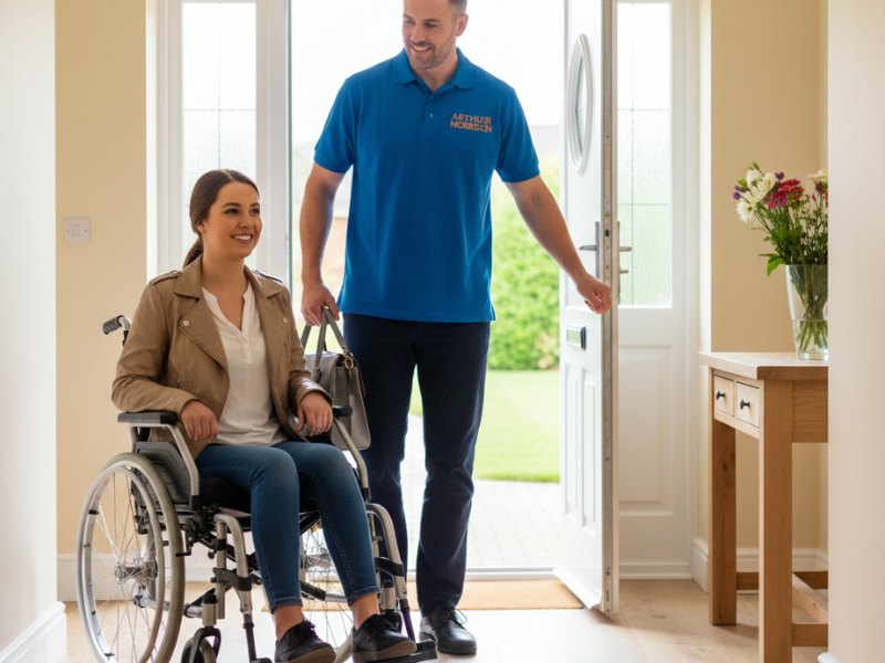 Support worker assisting wheelchair user at home