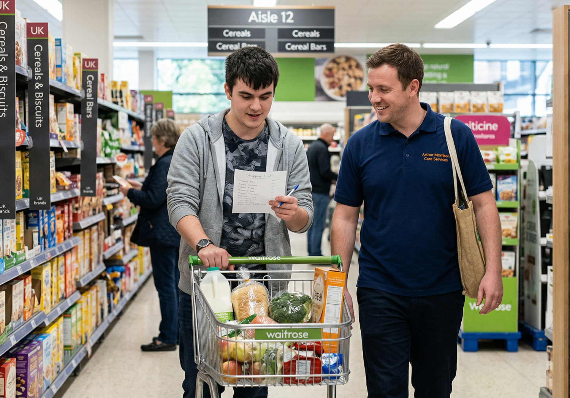 Arthur Morrison support worker accompanying client with autism on independent shopping trip in Barking